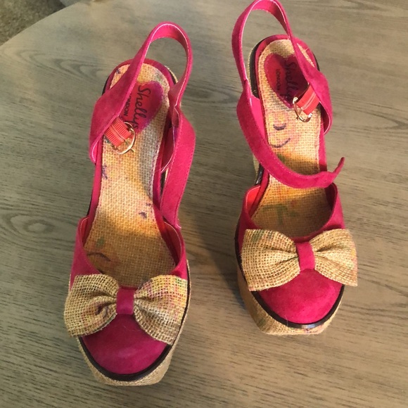 Shellys London Platform Pink Wedges with a Bow 39/ Size 9 - Picture 7 of 8